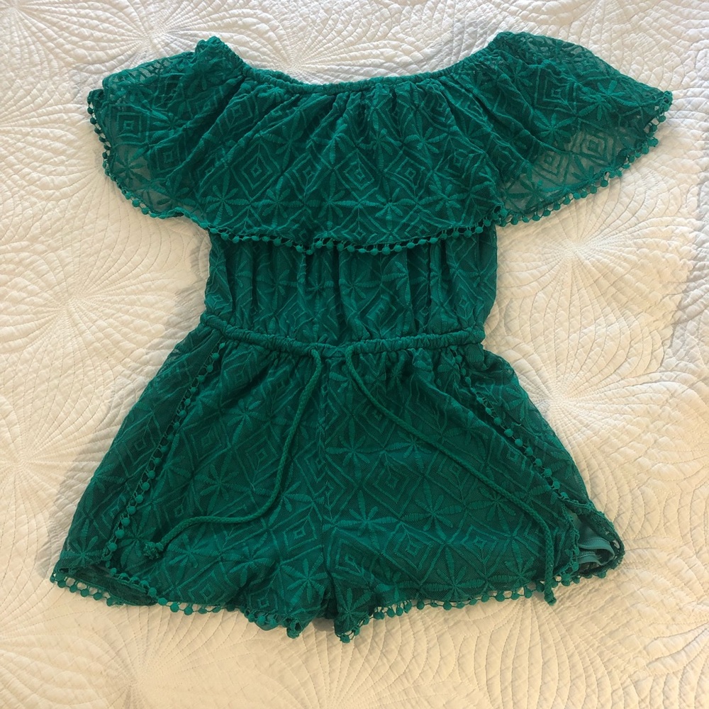Green Lace Off-The-Shoulder Romper